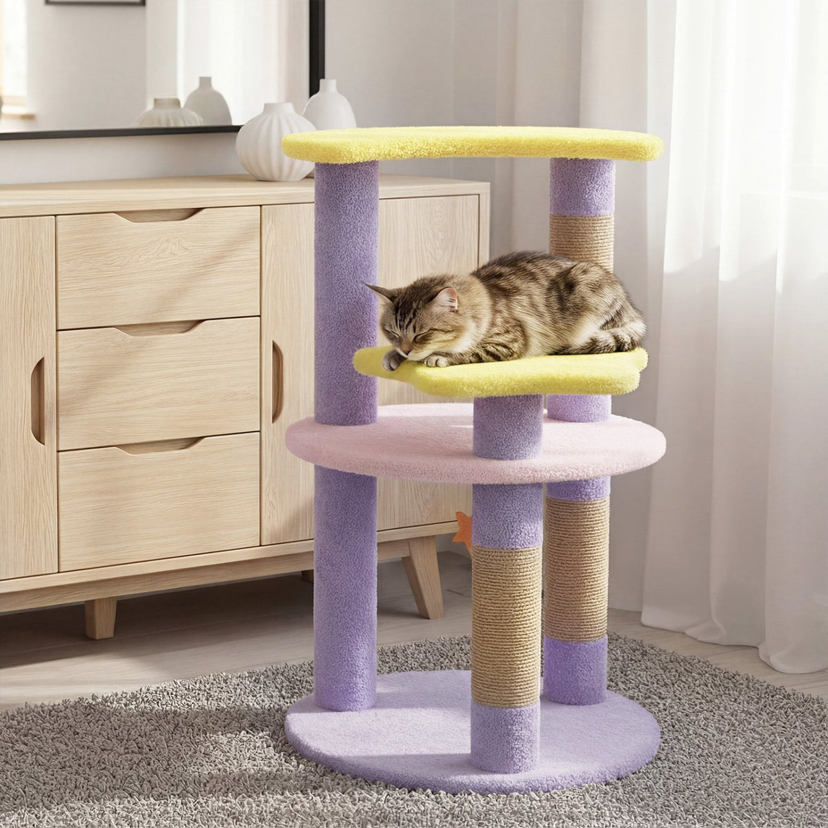 29 Inches Cute Modern Cat Tree with Star and Moon Shaped Platforms-Purple view 3