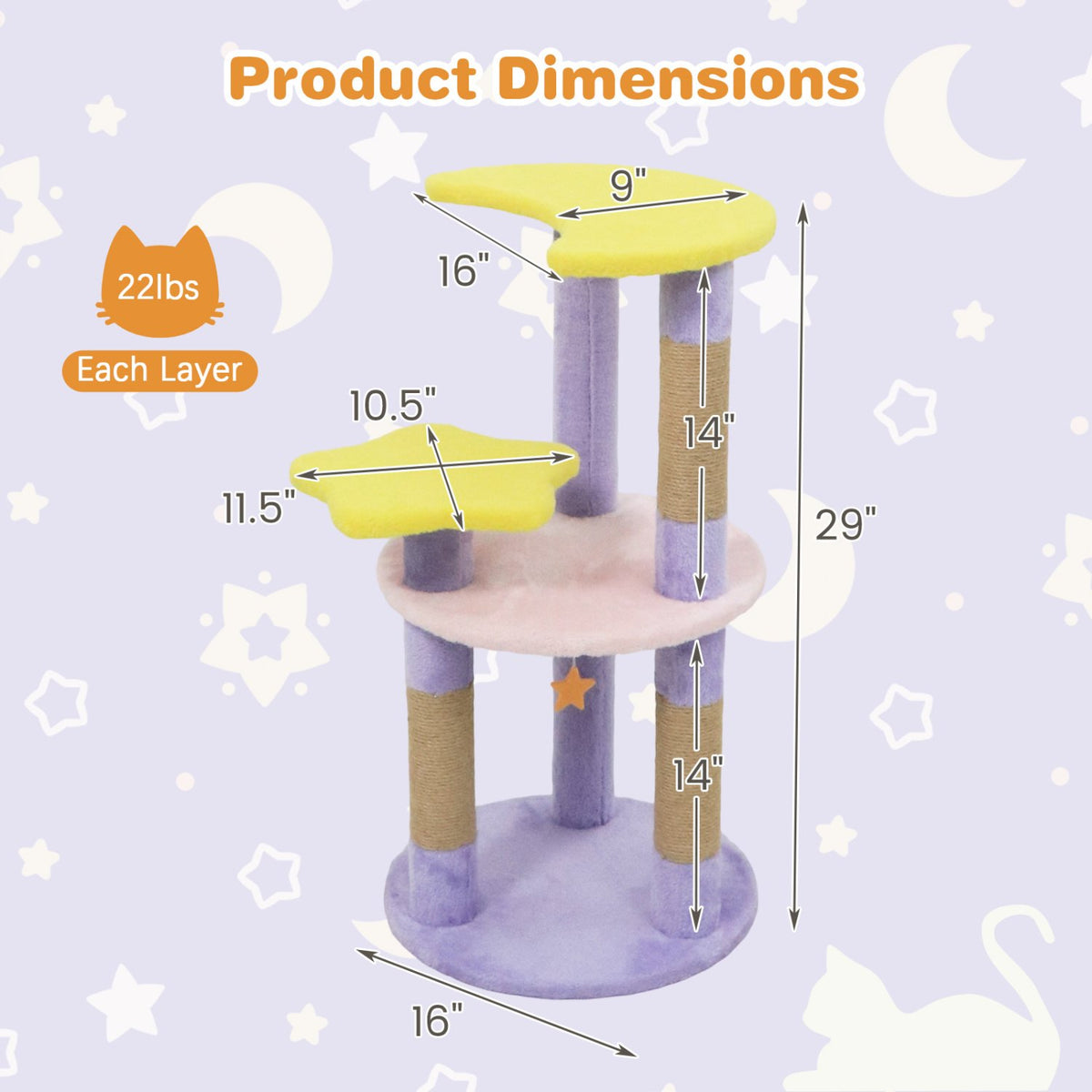 29 Inches Cute Modern Cat Tree with Star and Moon Shaped Platforms-Purple view 5