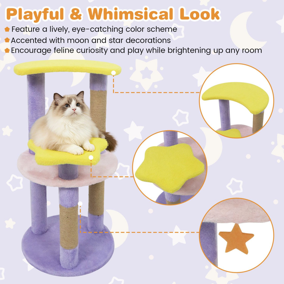 29 Inches Cute Modern Cat Tree with Star and Moon Shaped Platforms-Purple view 8