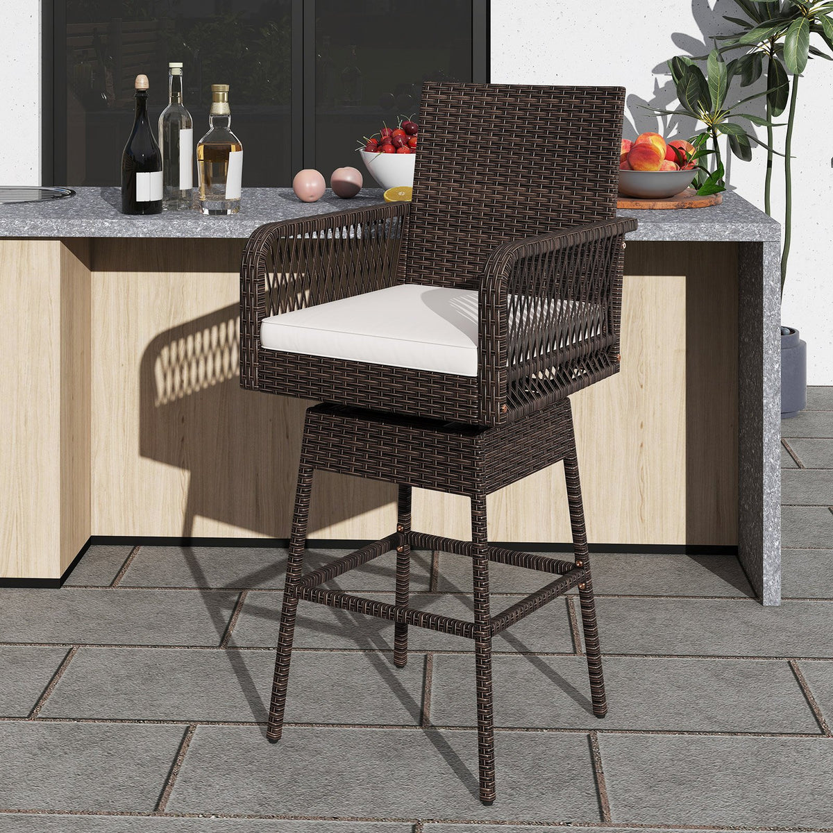 29 Inches Patio 360° Swivel Bar Stool with Cross-Woven Armrests and Seat Cushion-White view 2