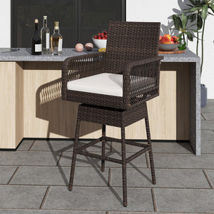 29 Inches Patio 360° Swivel Bar Stool with Cross-Woven Armrests and Seat Cushion-White view 2