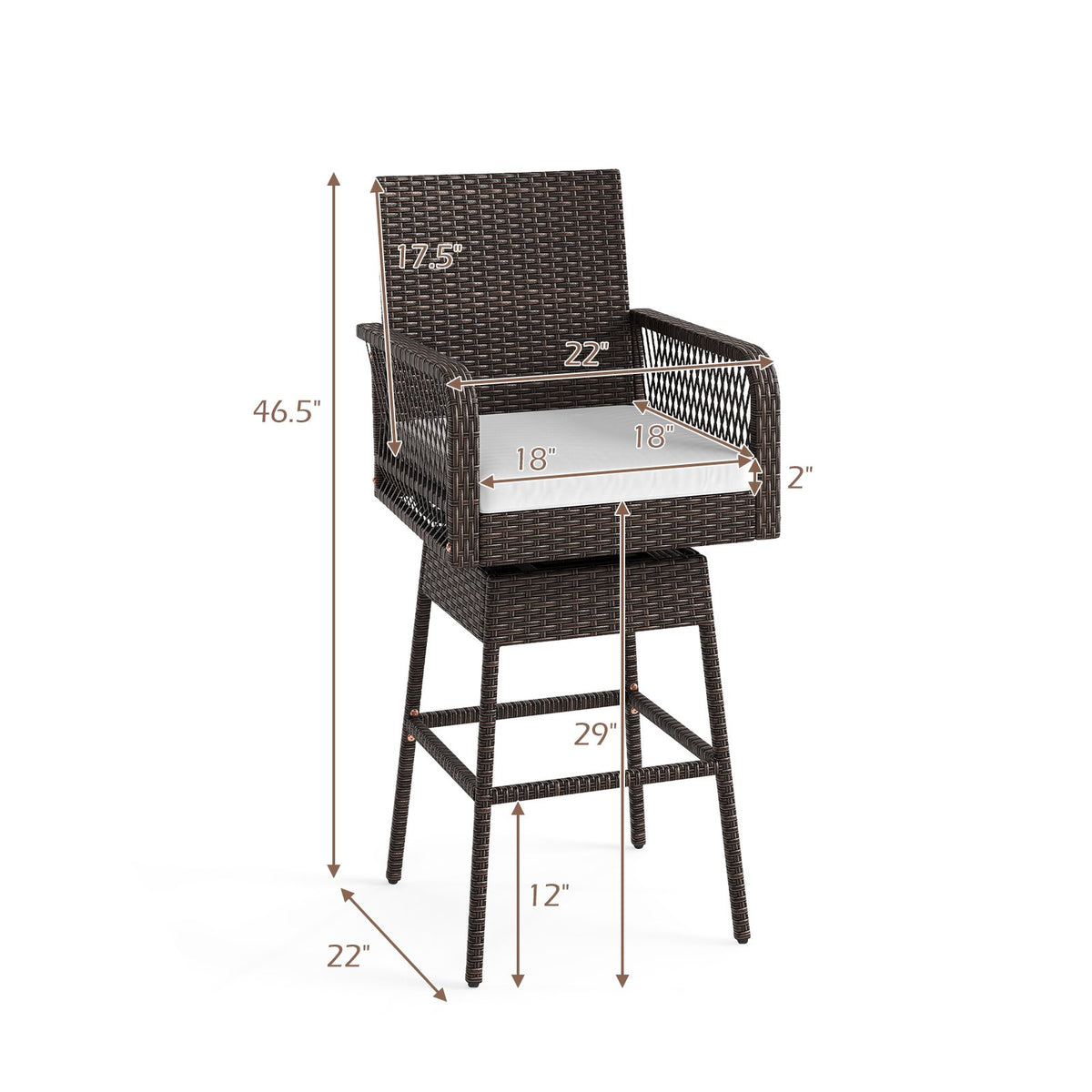 29 Inches Patio 360° Swivel Bar Stool with Cross-Woven Armrests and Seat Cushion-White view 4
