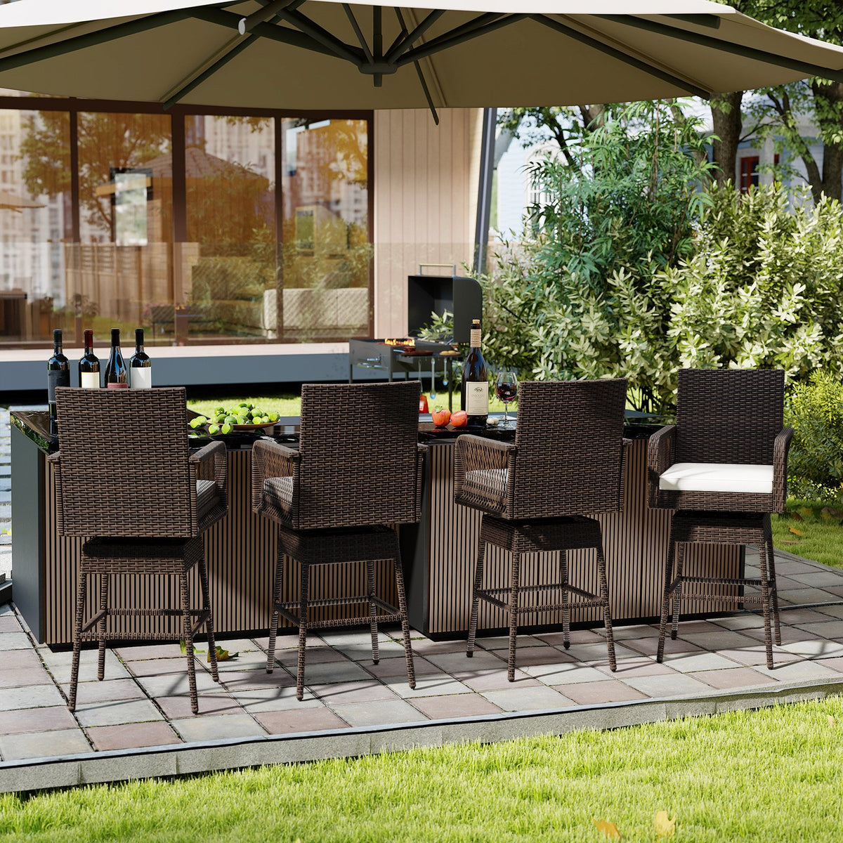 29 Inches Patio 360° Swivel Bar Stool with Cross-Woven Armrests and Seat Cushion-White view 5