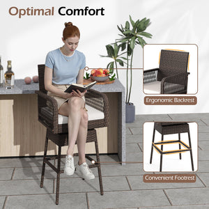 29 Inches Patio 360° Swivel Bar Stool with Cross-Woven Armrests and Seat Cushion-White view 8