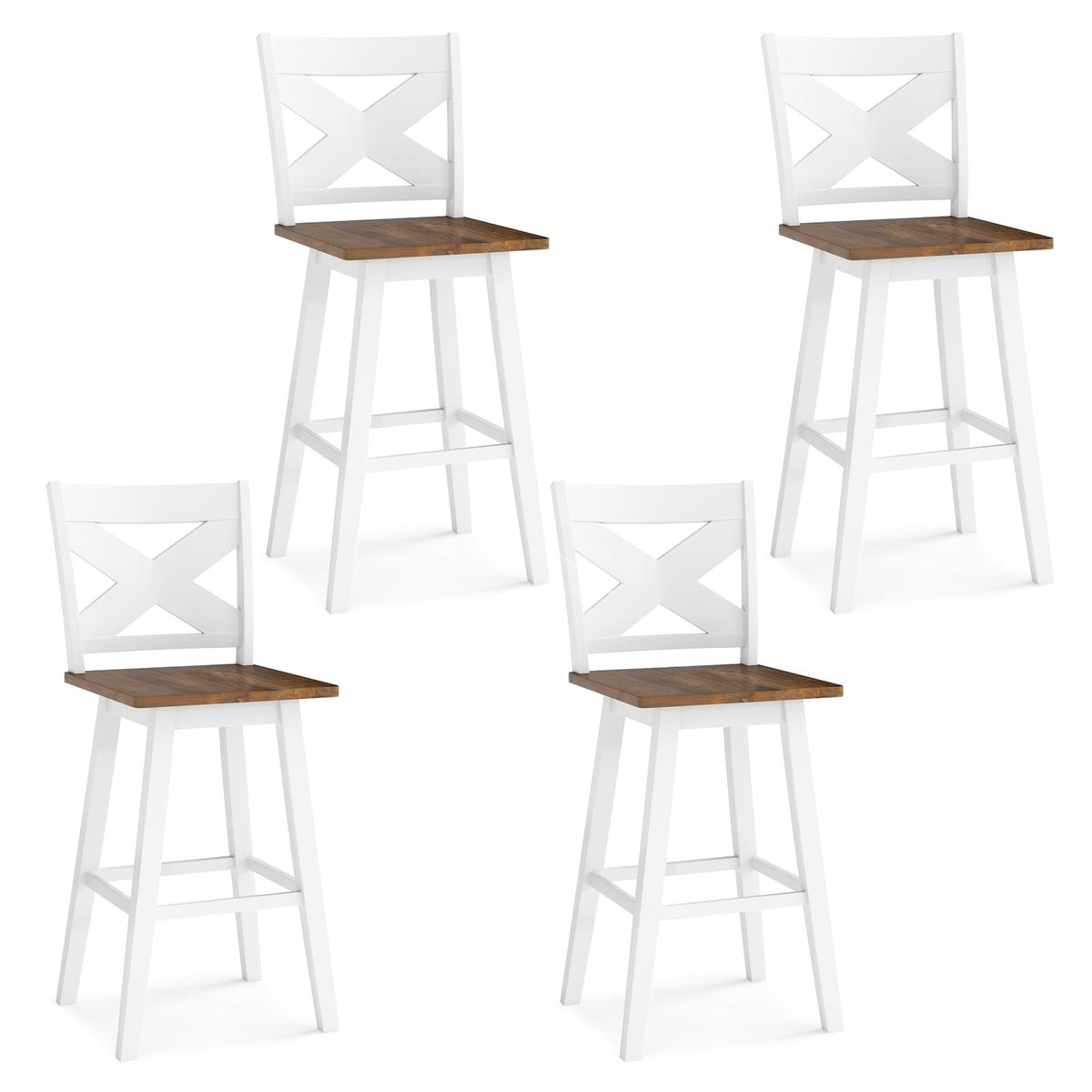 29 inches Rubberwood Swivel Barstools Set of 4 with Backrest and Large Seat-Wh ite