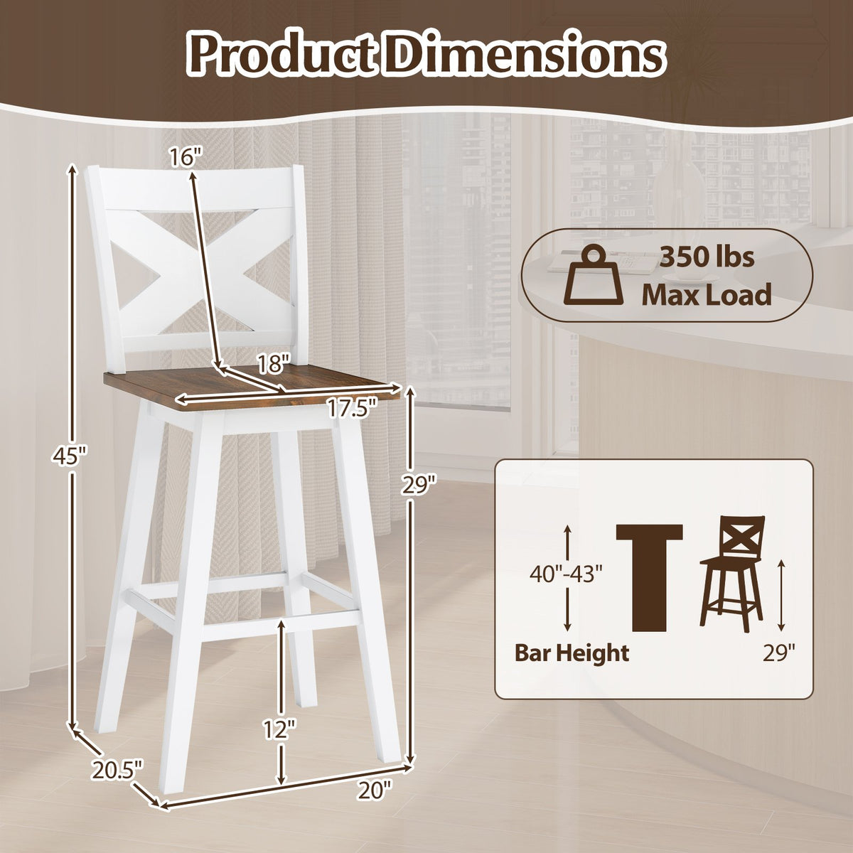 29 inches Rubberwood Swivel Barstools Set of 4 with Backrest and Large Seat-Wh ite view 3