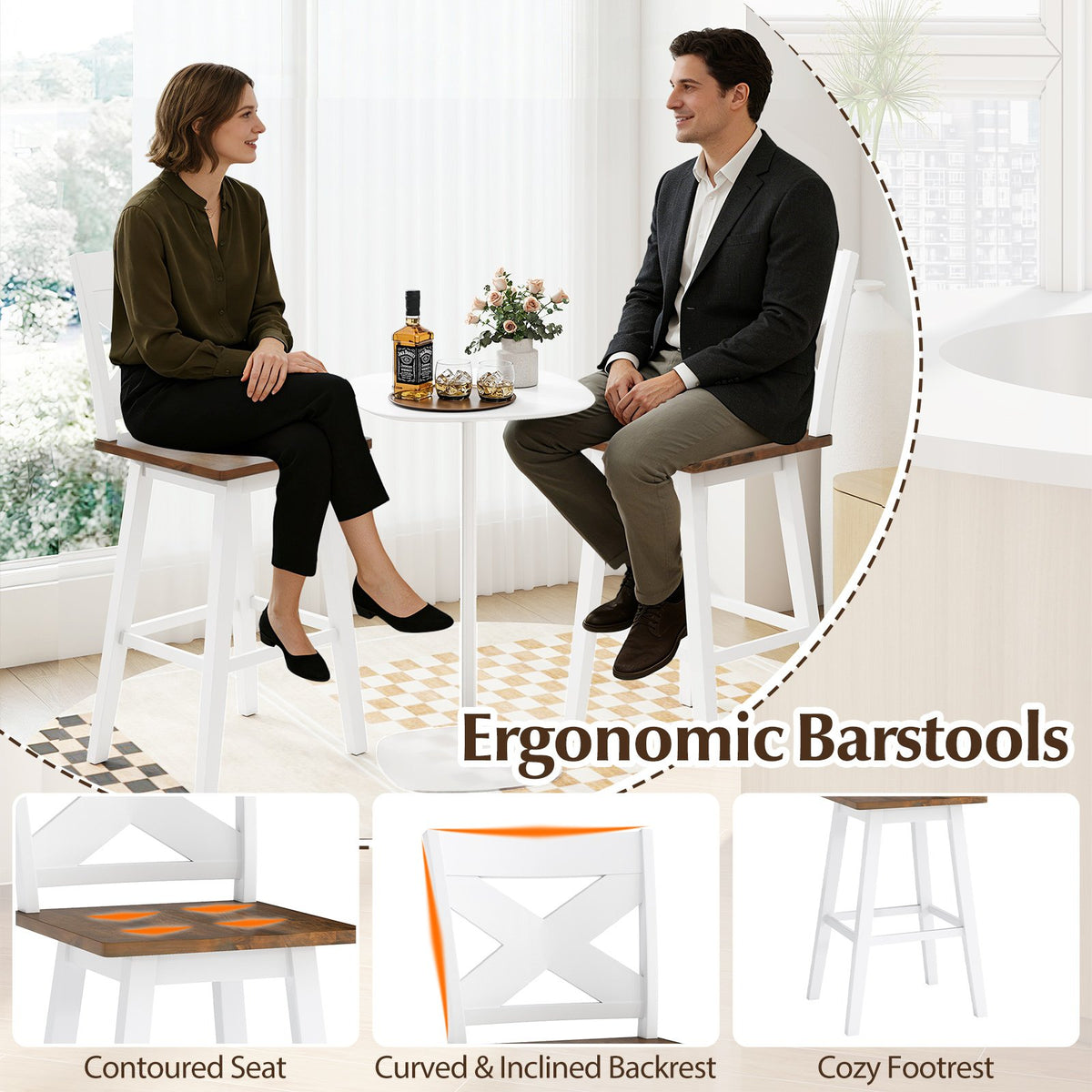 29 inches Rubberwood Swivel Barstools Set of 4 with Backrest and Large Seat-Wh ite view 7