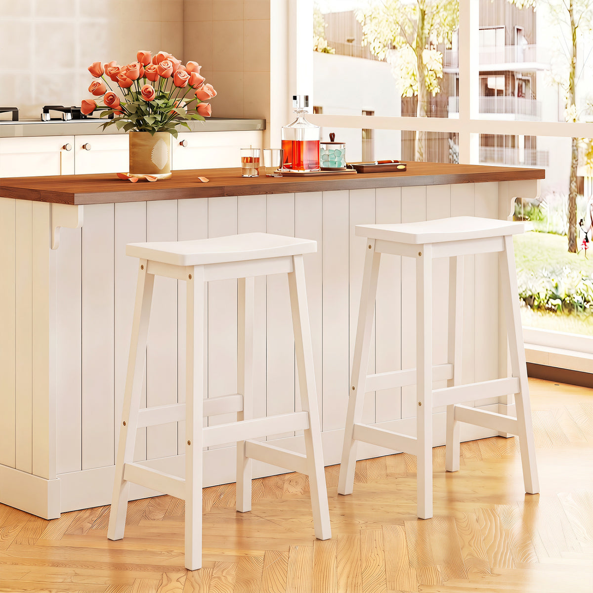 29 inches Set of 2 Saddle-Seat Counter Height Stools with Curved Seat and Footrests-Beige view 2
