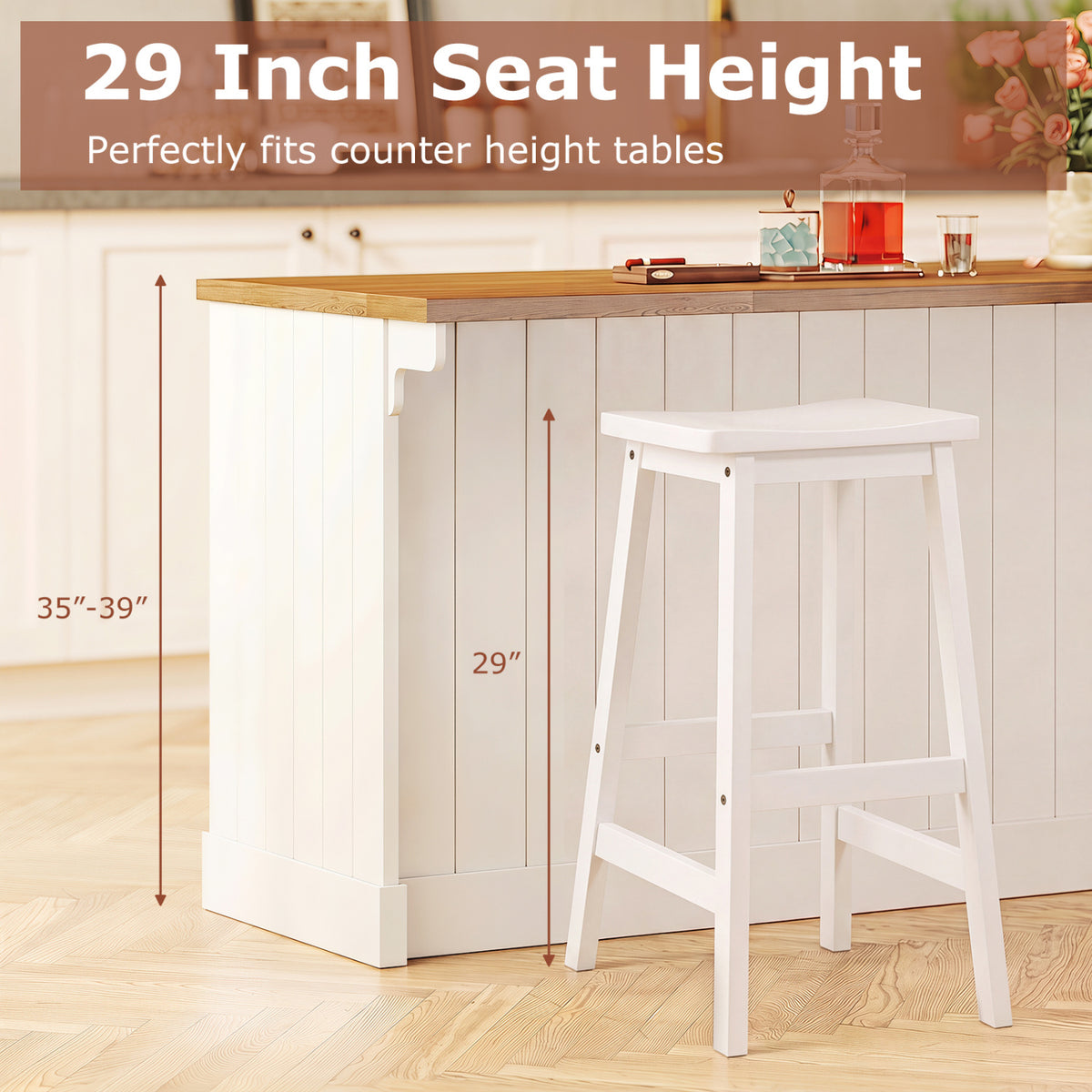 29 inches Set of 2 Saddle-Seat Counter Height Stools with Curved Seat and Footrests-Beige view 4