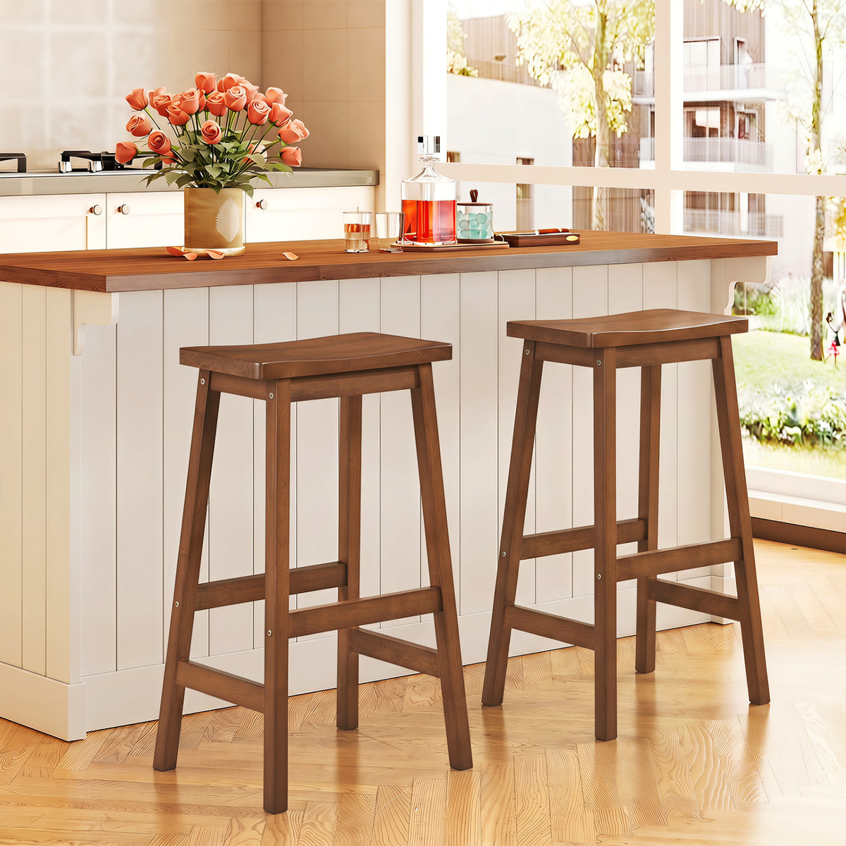 29 inches Set of 2 Saddle-Seat Counter Height Stools with Curved Seat and Footrests-Walnut view 2