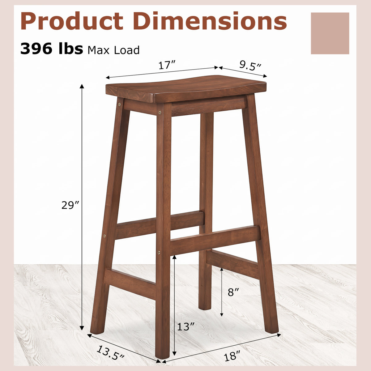 29 inches Set of 2 Saddle-Seat Counter Height Stools with Curved Seat and Footrests-Walnut view 3