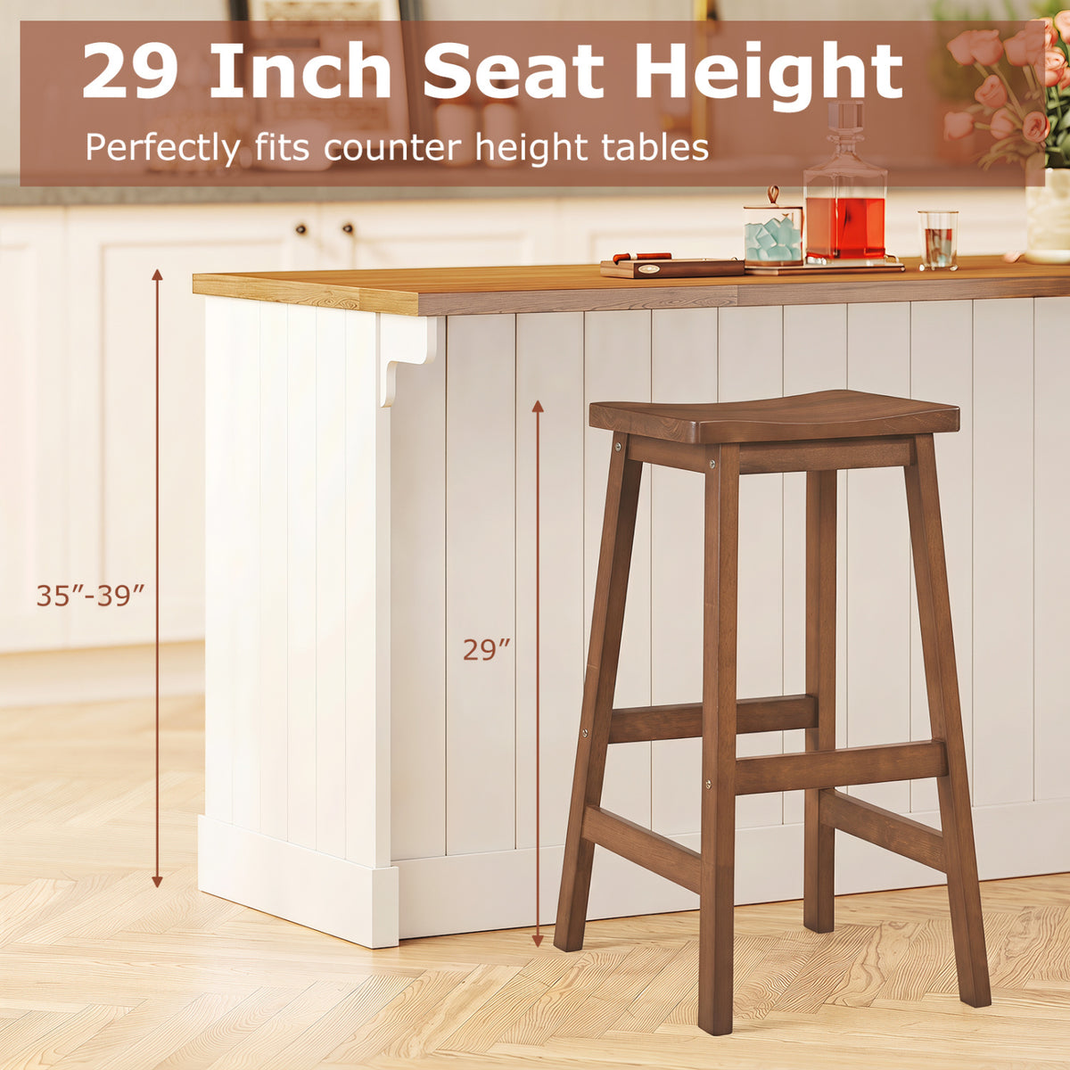 29 inches Set of 2 Saddle-Seat Counter Height Stools with Curved Seat and Footrests-Walnut view 4