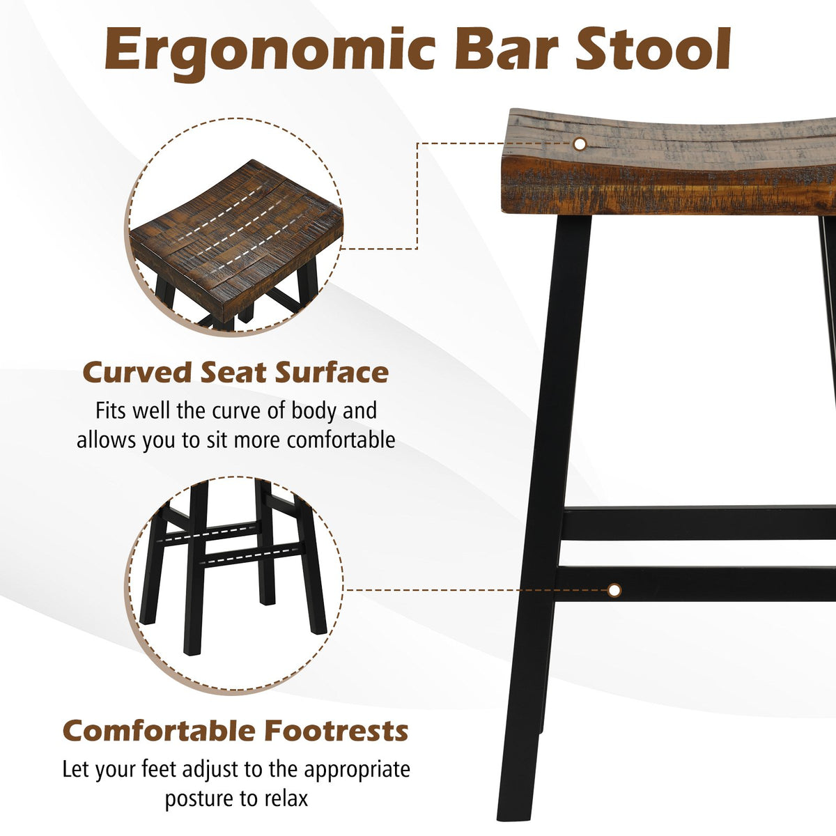 29 Inch Solid Wood Saddle-Seat with Curved Seat Surface and Comfortable Footrests-29 inches view 5