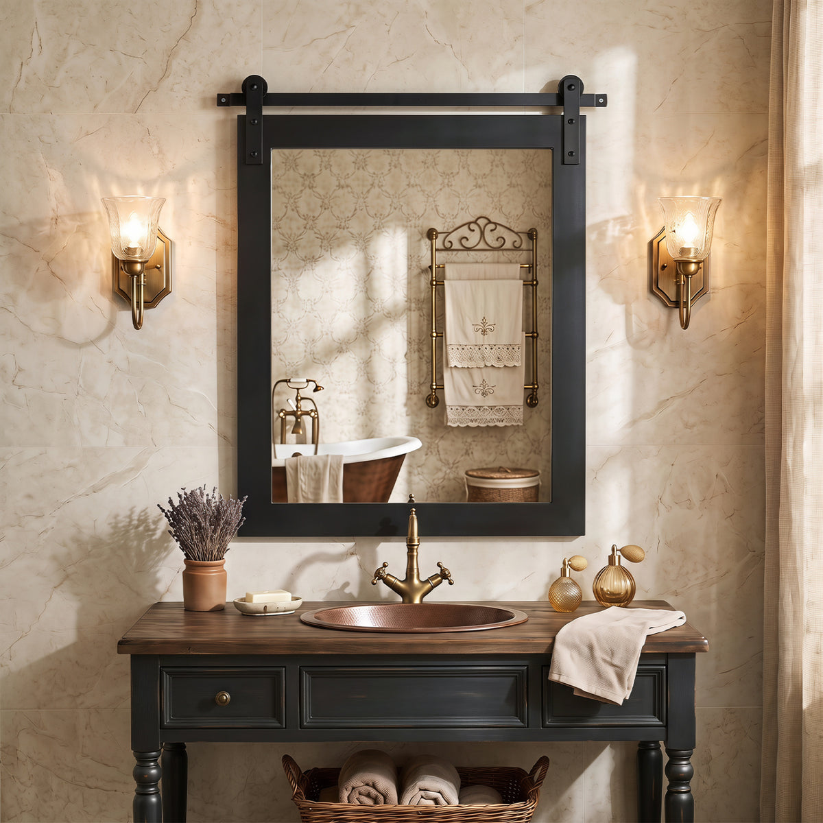 29 inches x 23 inches Rectangle Farmhouse Wall Mirror with Metal Bracket for Bathroom-Black view 2