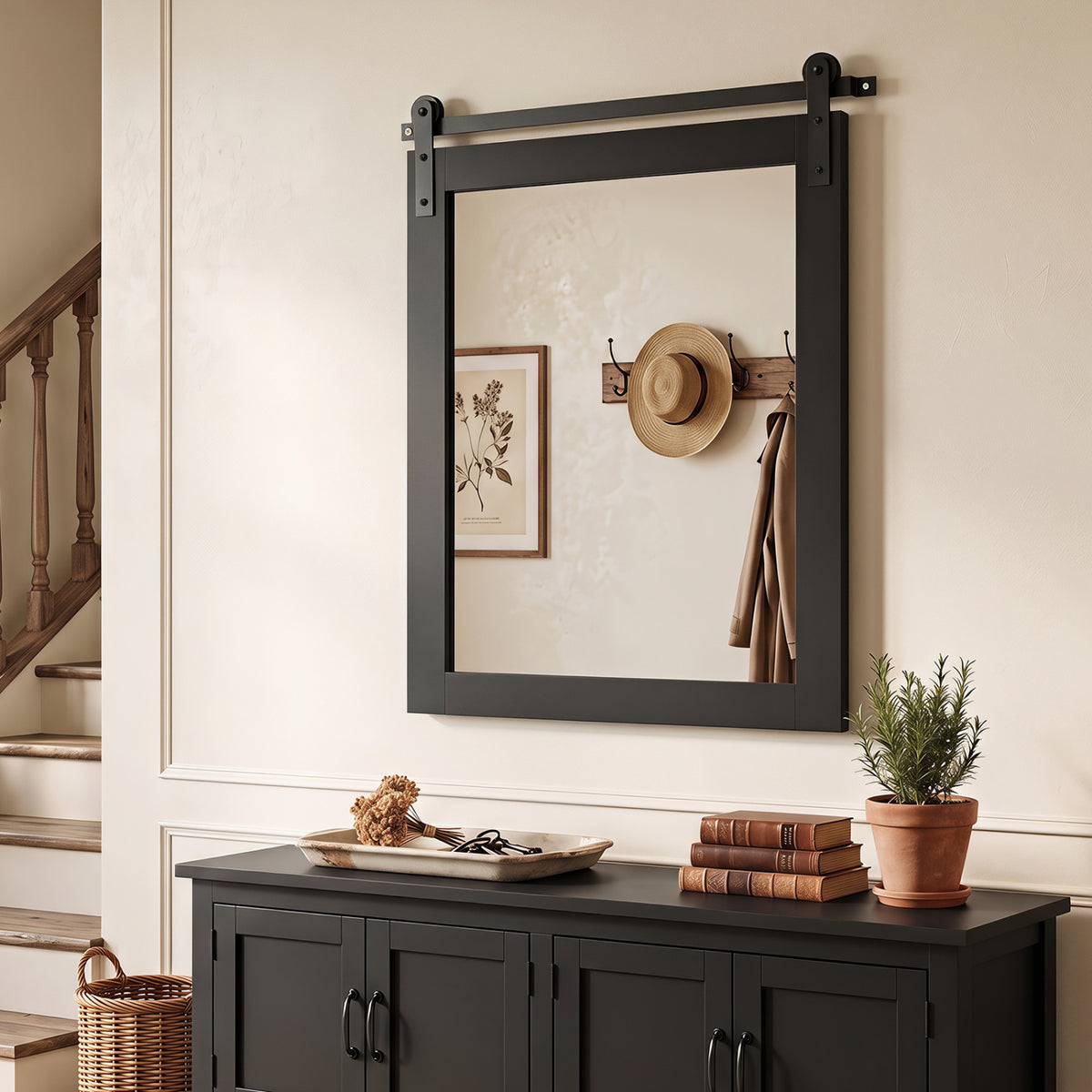 29 inches x 23 inches Rectangle Farmhouse Wall Mirror with Metal Bracket for Bathroom-Black view 3