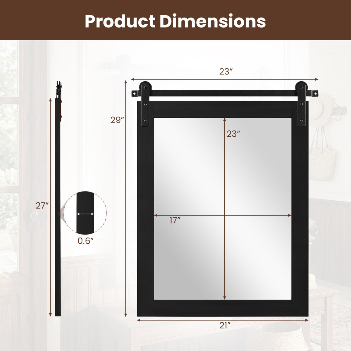 29 inches x 23 inches Rectangle Farmhouse Wall Mirror with Metal Bracket for Bathroom-Black view 5