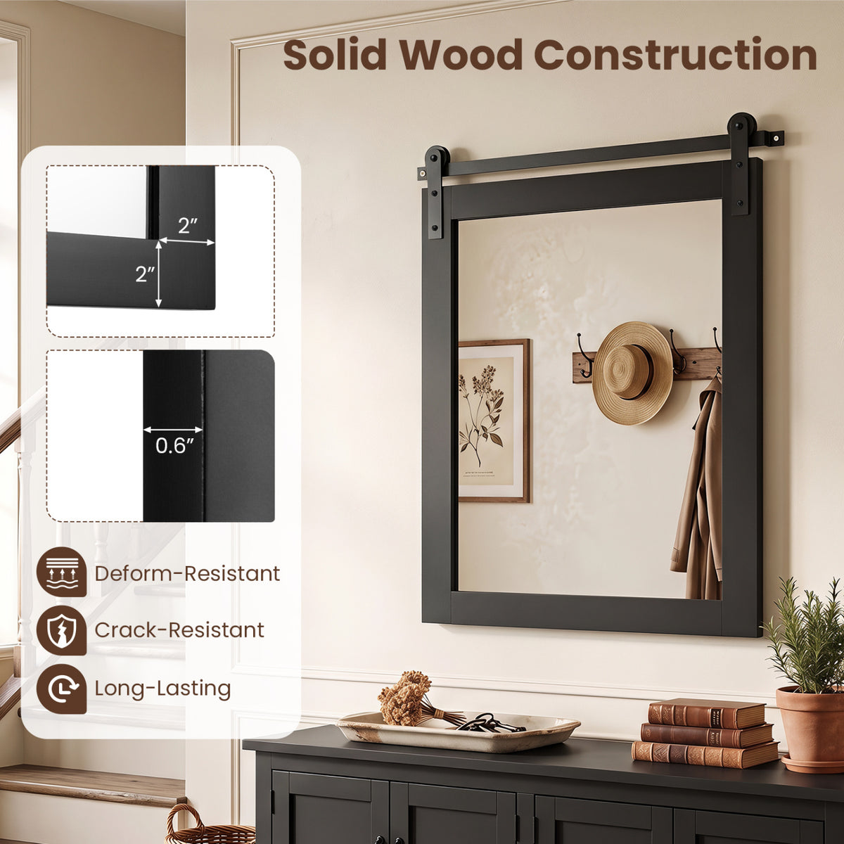 29 inches x 23 inches Rectangle Farmhouse Wall Mirror with Metal Bracket for Bathroom-Black view 8