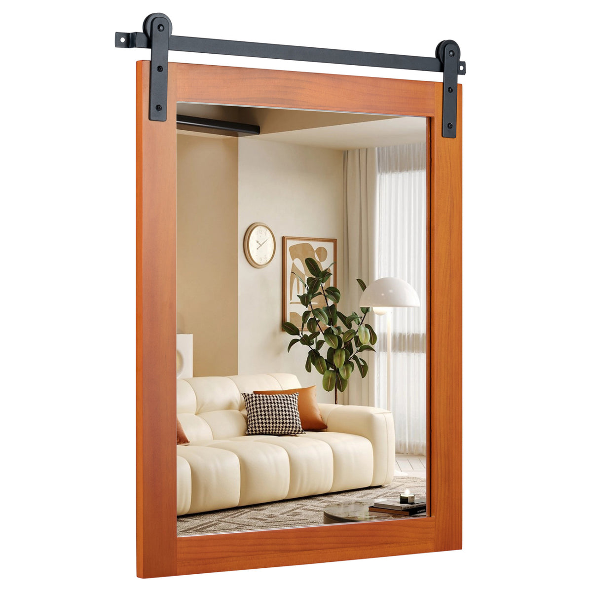 29 inches x 23 inches Rectangle Farmhouse Wall Mirror with Metal Bracket for Bathroom-Brown