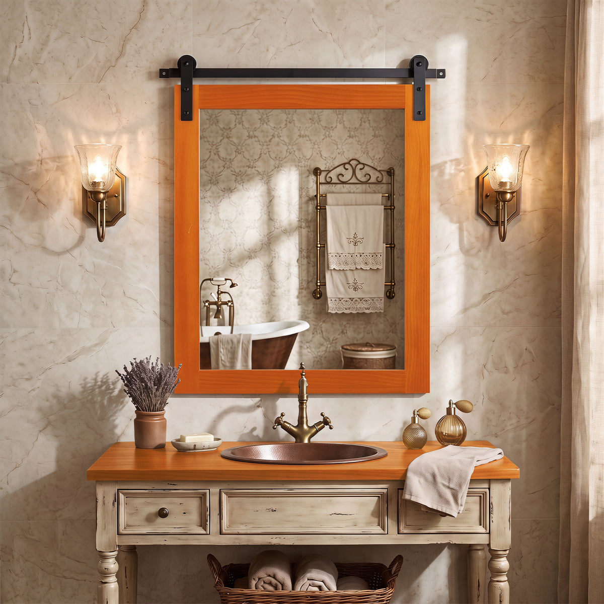 29 inches x 23 inches Rectangle Farmhouse Wall Mirror with Metal Bracket for Bathroom-Brown view 2