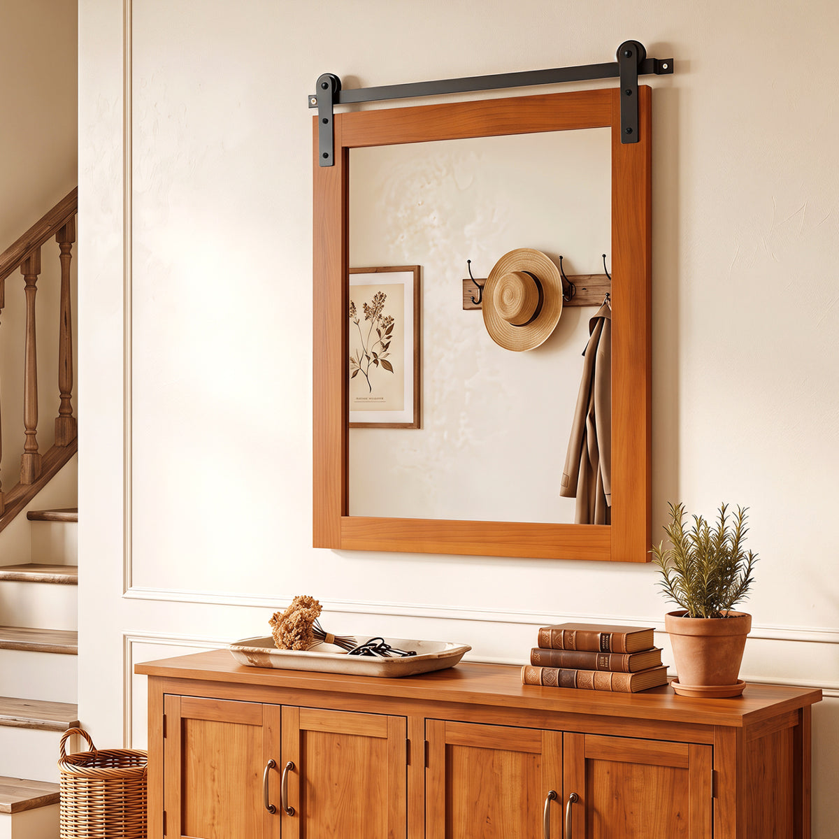 29 inches x 23 inches Rectangle Farmhouse Wall Mirror with Metal Bracket for Bathroom-Brown view 3