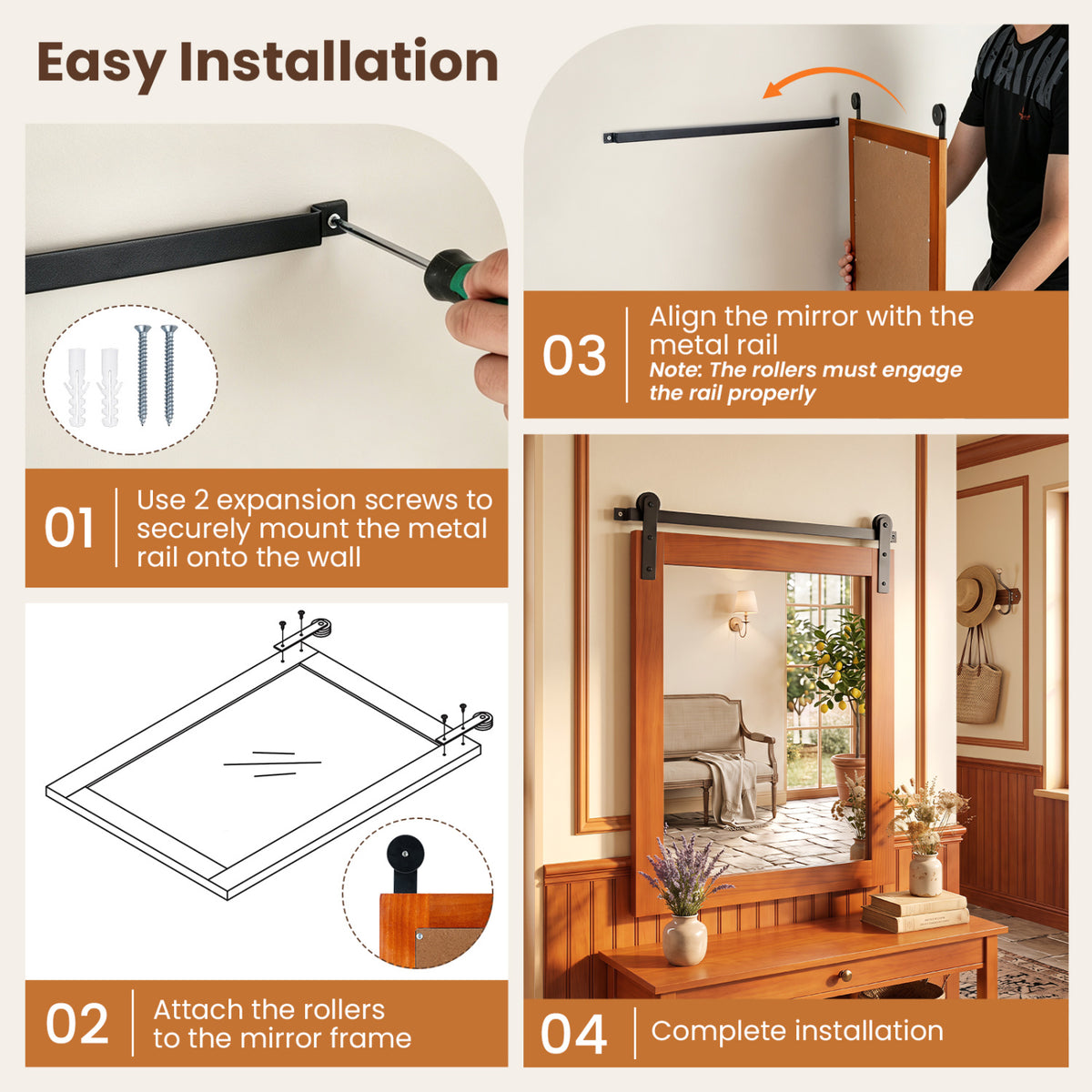 29 inches x 23 inches Rectangle Farmhouse Wall Mirror with Metal Bracket for Bathroom-Brown view 6