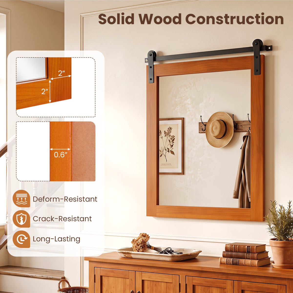 29 inches x 23 inches Rectangle Farmhouse Wall Mirror with Metal Bracket for Bathroom-Brown view 8