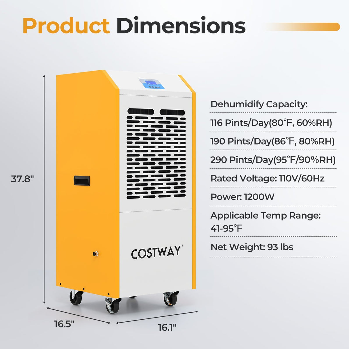 290 Pints Commercial Dehumidifier with Pump and Drain Hose for Basement Warehouse-Yellow view 3
