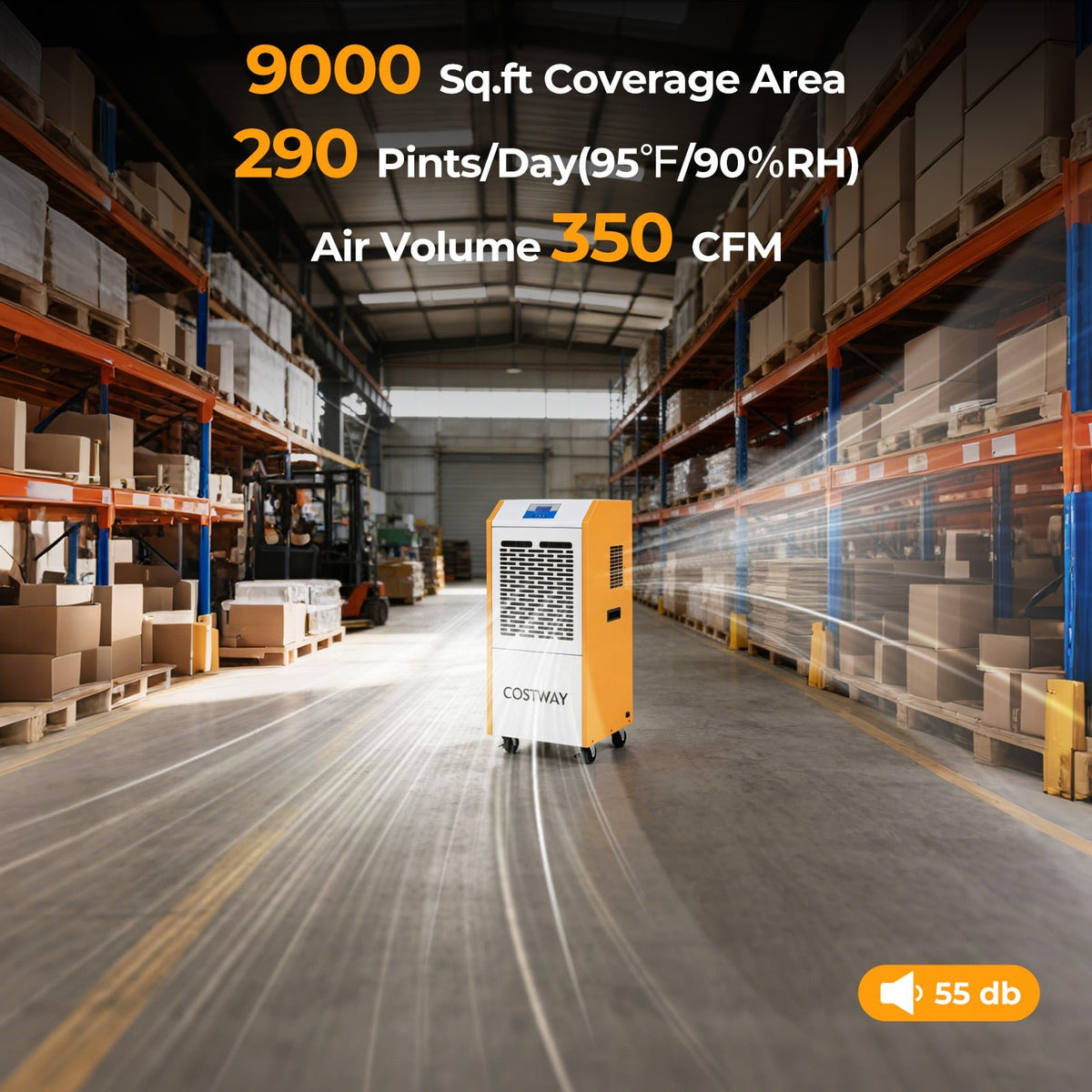 290 Pints Commercial Dehumidifier with Pump and Drain Hose for Basement Warehouse-Yellow view 5