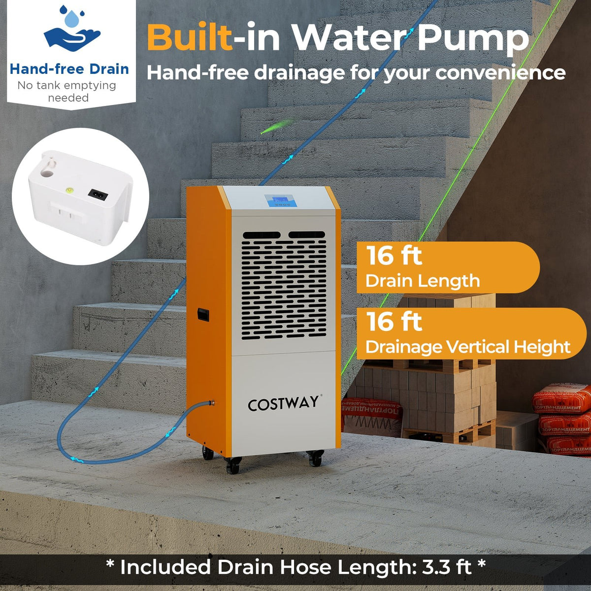 290 Pints Commercial Dehumidifier with Pump and Drain Hose for Basement Warehouse-Yellow view 7