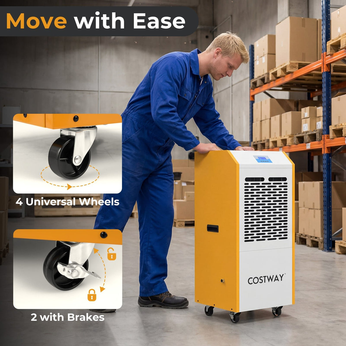 290 Pints Commercial Dehumidifier with Pump and Drain Hose for Basement Warehouse-Yellow view 8