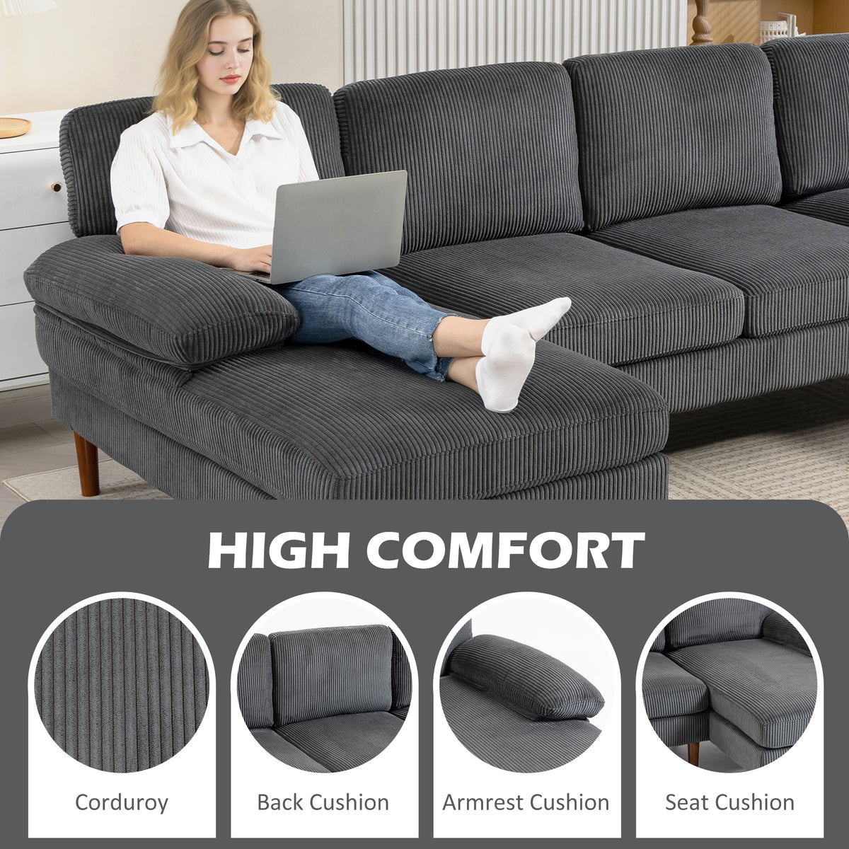 U Shape Couch with Double Chaise Lounge, Modern 4 Seater Sofa with Wooden Legs, Fabric Sofa for Living Room, Dark Grey