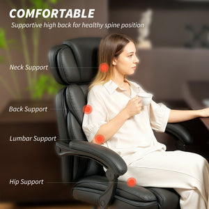 PU Leather Office Chair, Reclining Desk Chair with Footrest, Adjustable Headrest, Lumbar Support, Swivel Wheels, Black