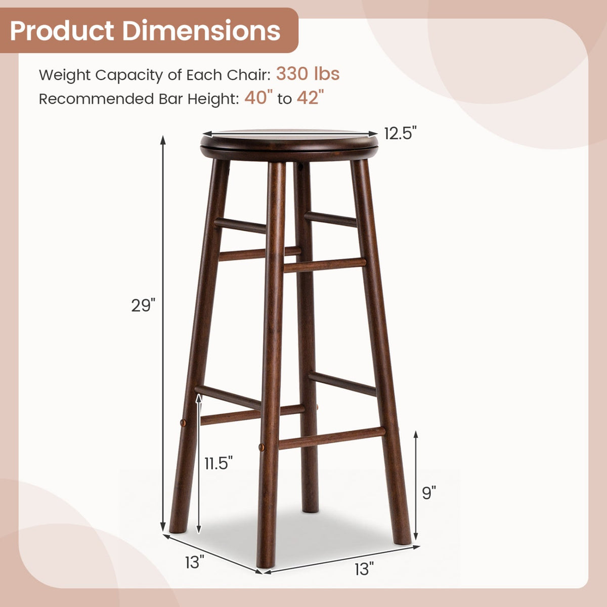 29 inches Swivel Bar Stools Set of 2 with Footrests & Crossbars-Walnut view 5
