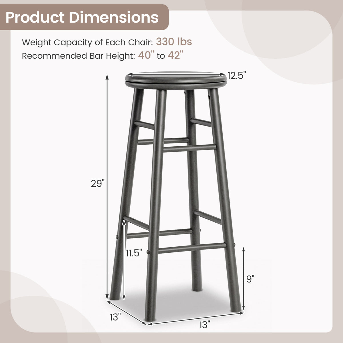 29 inches Swivel Bar Stools Set of 2 with Footrests & Crossbars-Gray view 5