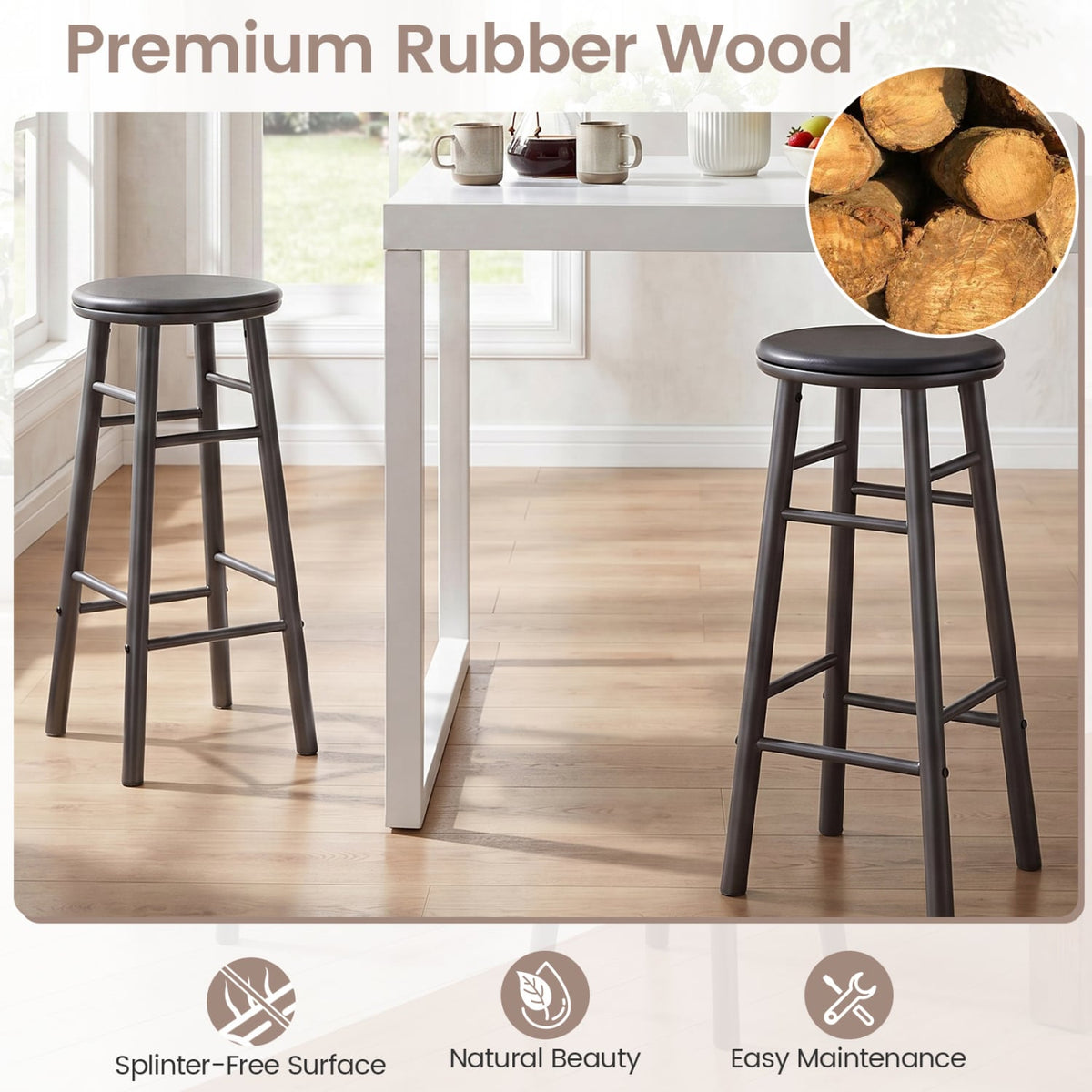 29 inches Swivel Bar Stools Set of 2 with Footrests & Crossbars-Gray view 6