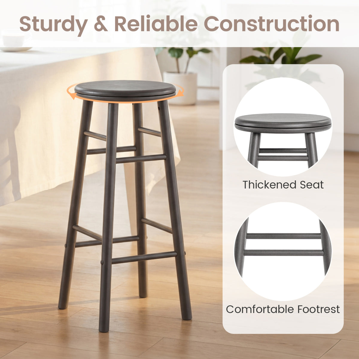 29 inches Swivel Bar Stools Set of 2 with Footrests & Crossbars-Gray view 7