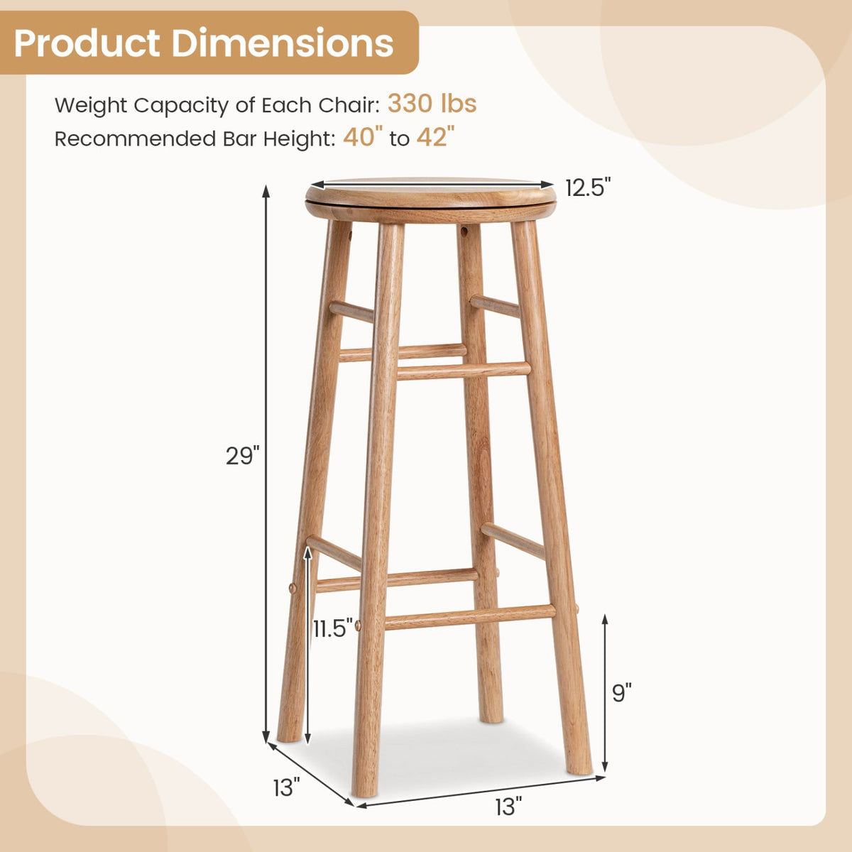 29 inches Swivel Bar Stools Set of 2 with Footrests & Crossbars-Natural view 5