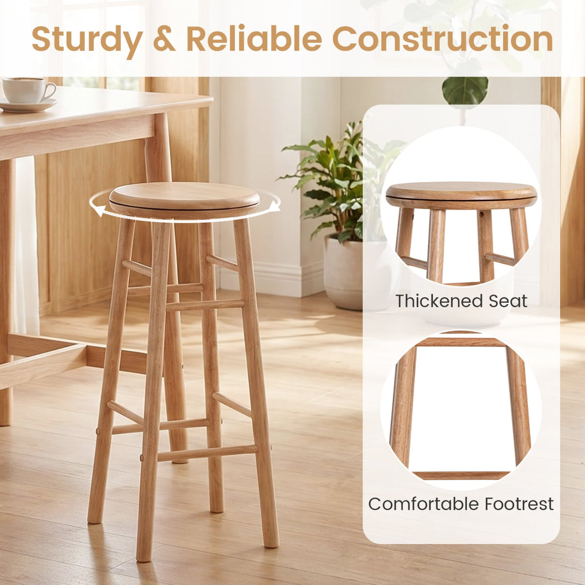29 inches Swivel Bar Stools Set of 2 with Footrests & Crossbars-Natural view 7