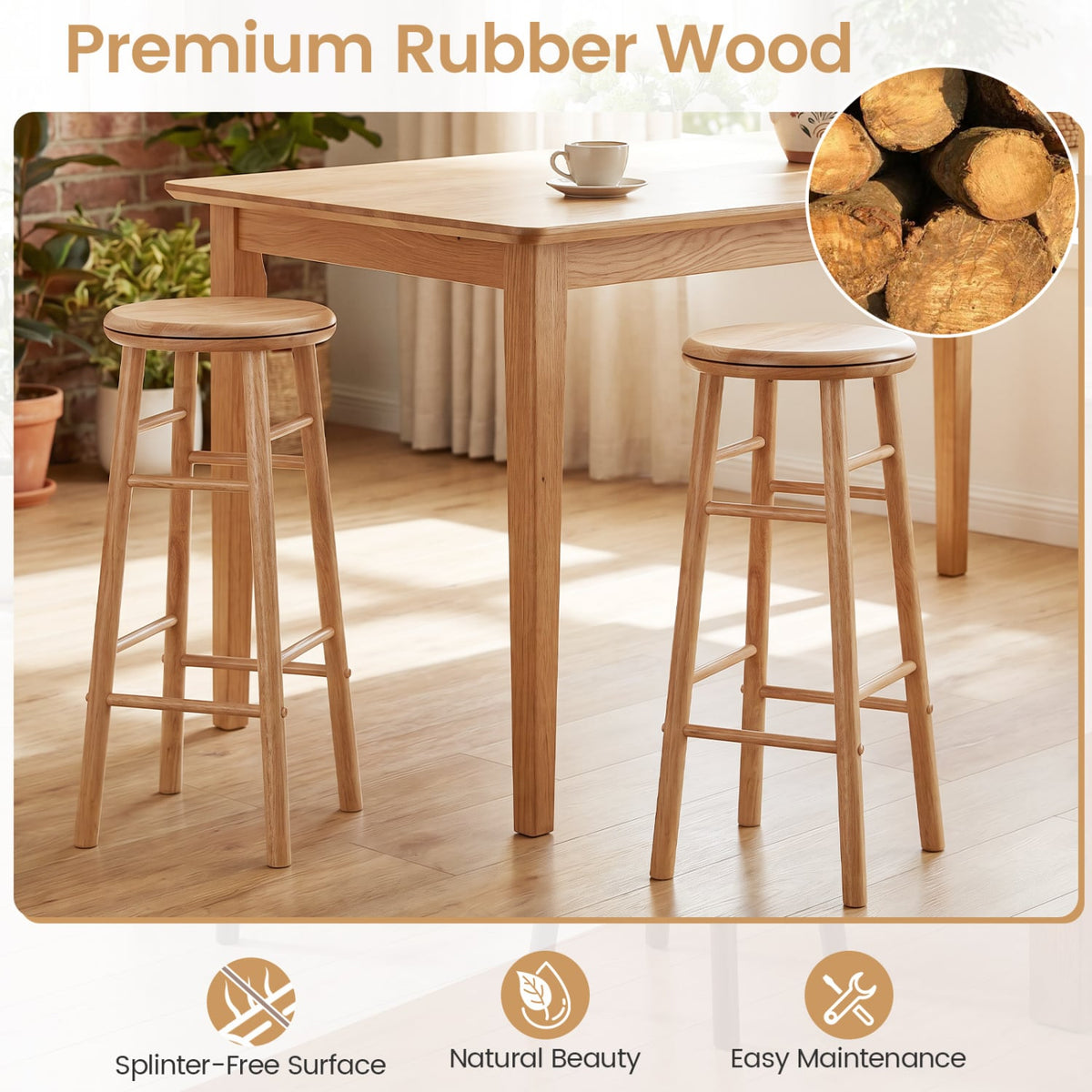 29 inches Swivel Bar Stools Set of 2 with Footrests & Crossbars-Natural view 8