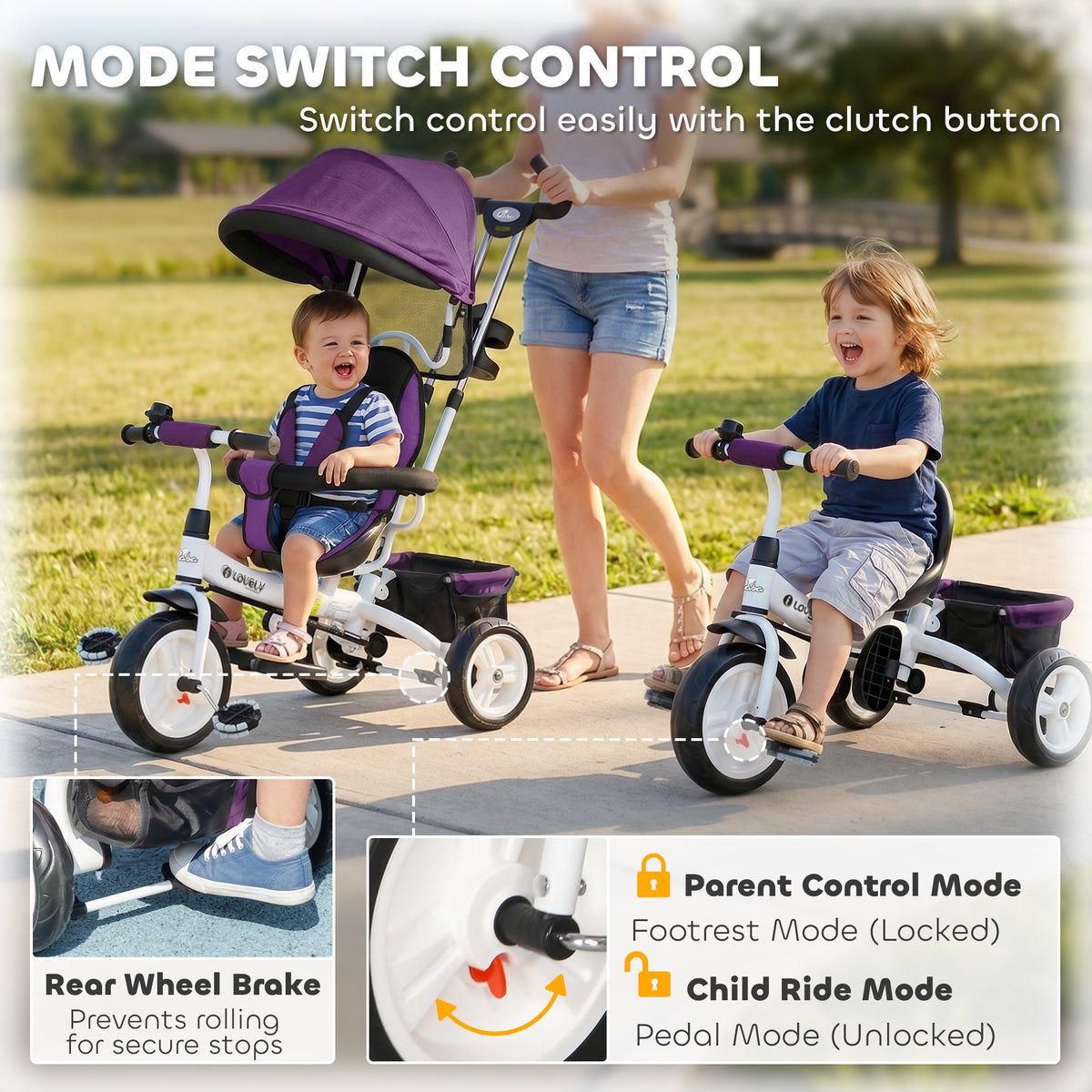 Qaba 6 in 1 Toddler Tricycle Stroller with Basket, Canopy, 5-point Safety Harness, for 12-60 Months