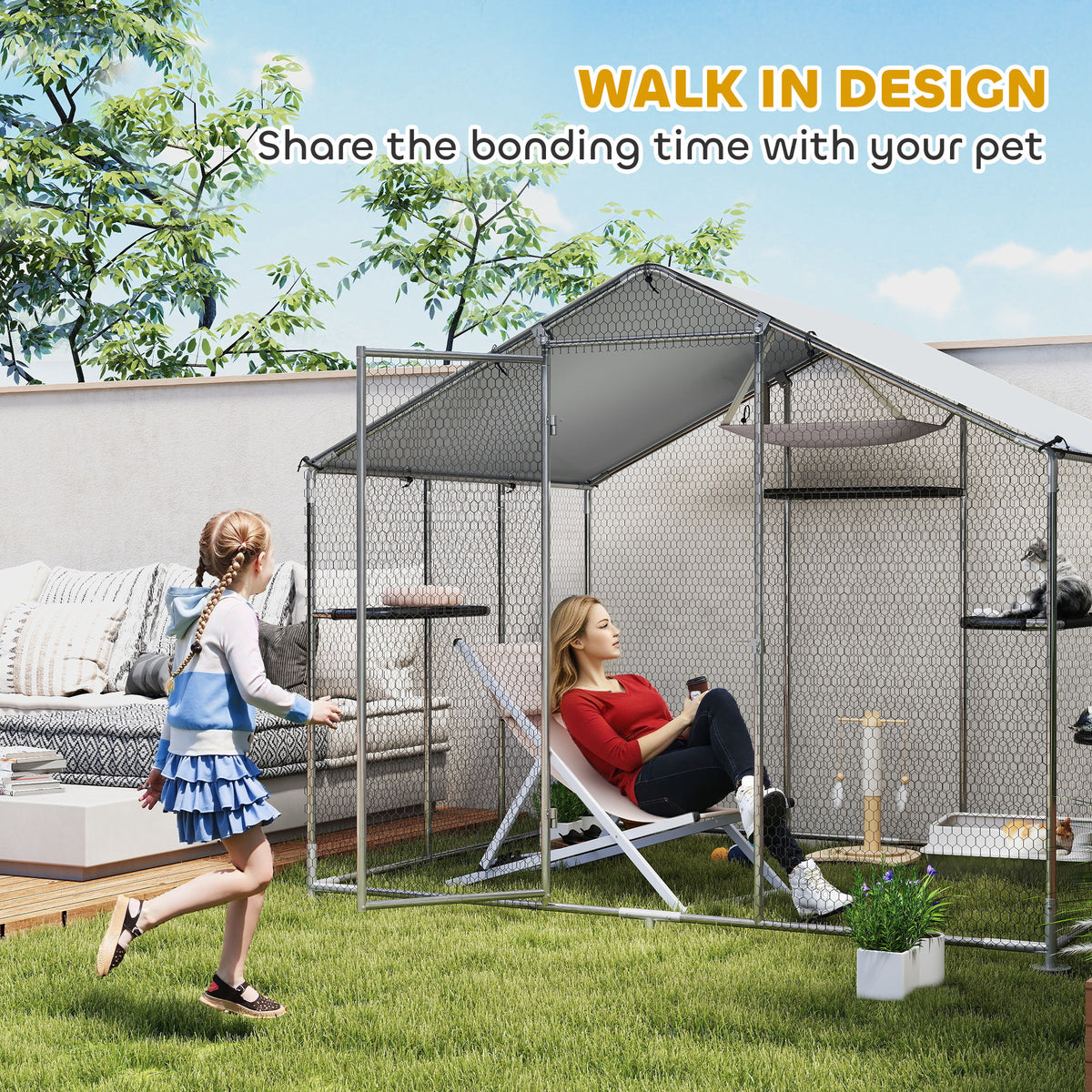 Large Catio Outdoor Cat Enclosure with Waterproof Cover, Walk-in Cat Patio w/ 5 Adjustable Platforms & Hammock 79" W