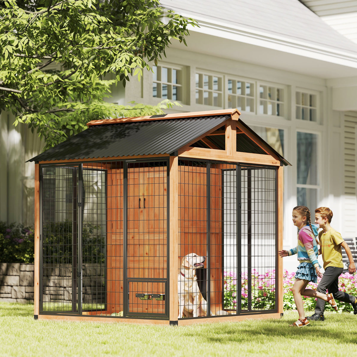 86" L Dog House Outdoor, Wooden Dog Kennel with Storage Cabinet, Stainless Steel Bowls for Large Breeds, Yellow