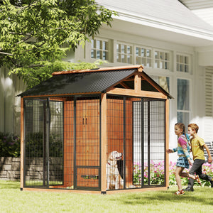 86" L Dog House Outdoor, Wooden Dog Kennel with Storage Cabinet, Stainless Steel Bowls for Large Breeds, Yellow