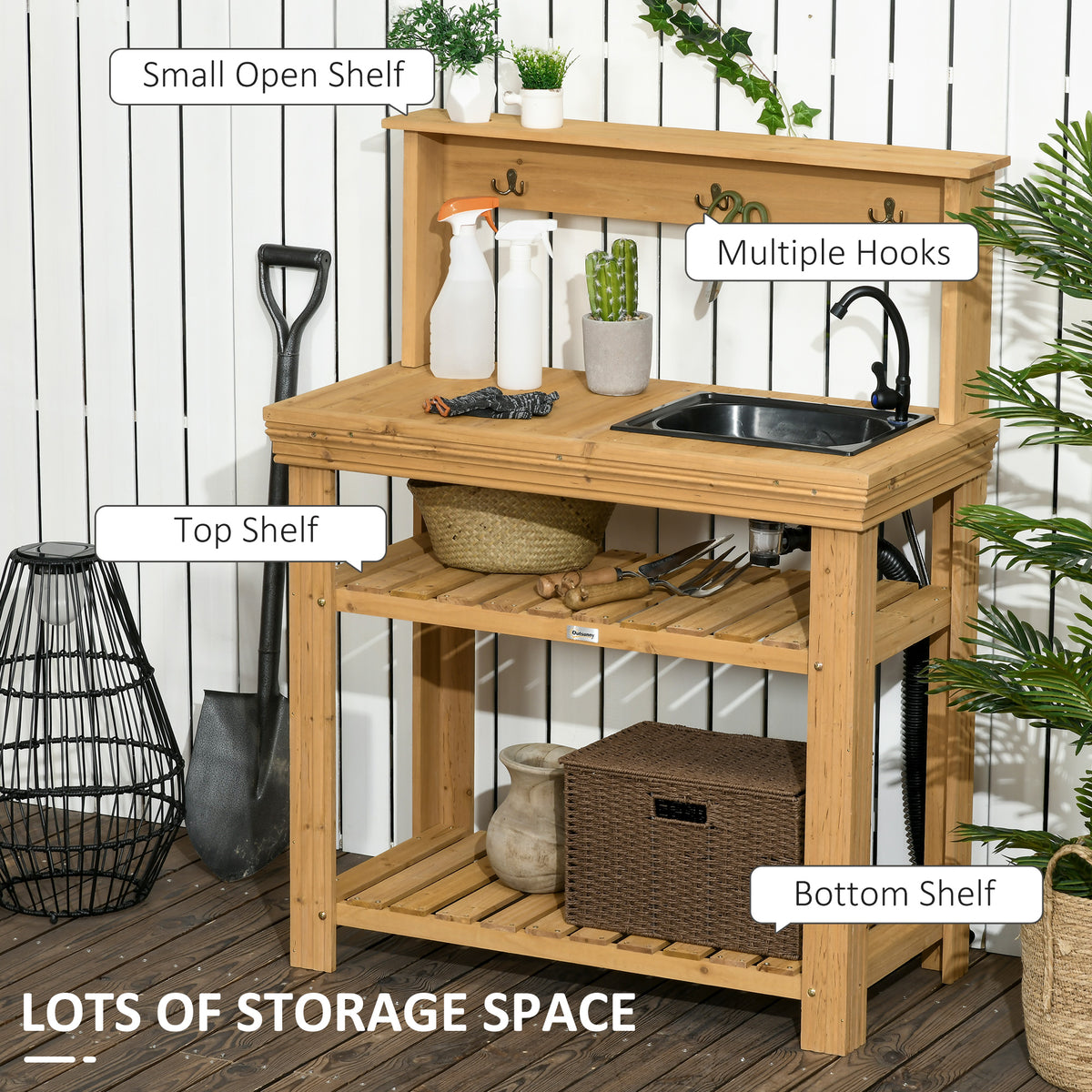 Outdoor Potting Bench Table with Faucet, Removable Sink, Hooks and Storage Shelves – view 10