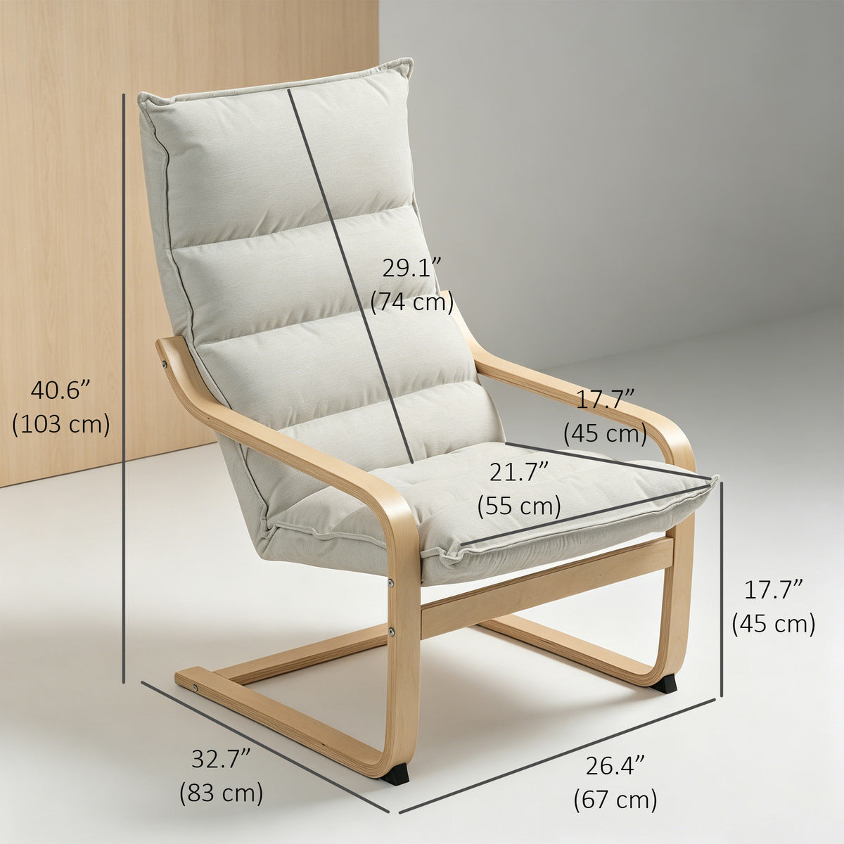 Birch Wood Fabric Modern Armchair, Accent Chair with Curved Leg and Arm for Living Room, Cream White – view 2