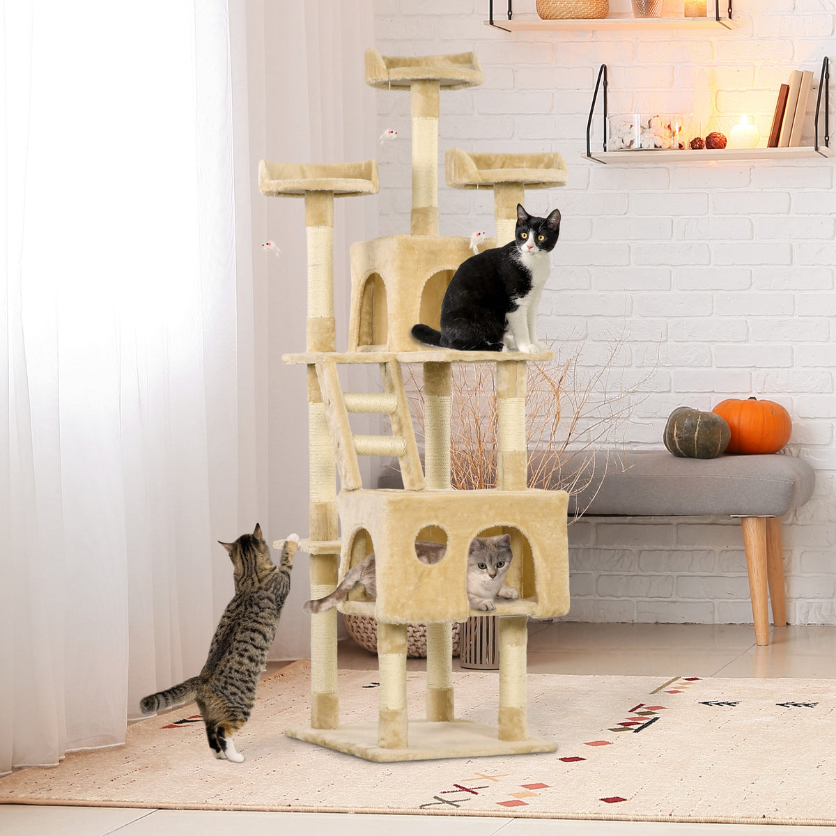 71-Inch Multi Level Scratching Cat Tree Kitty Condo  Activity Center with Toys, Beige