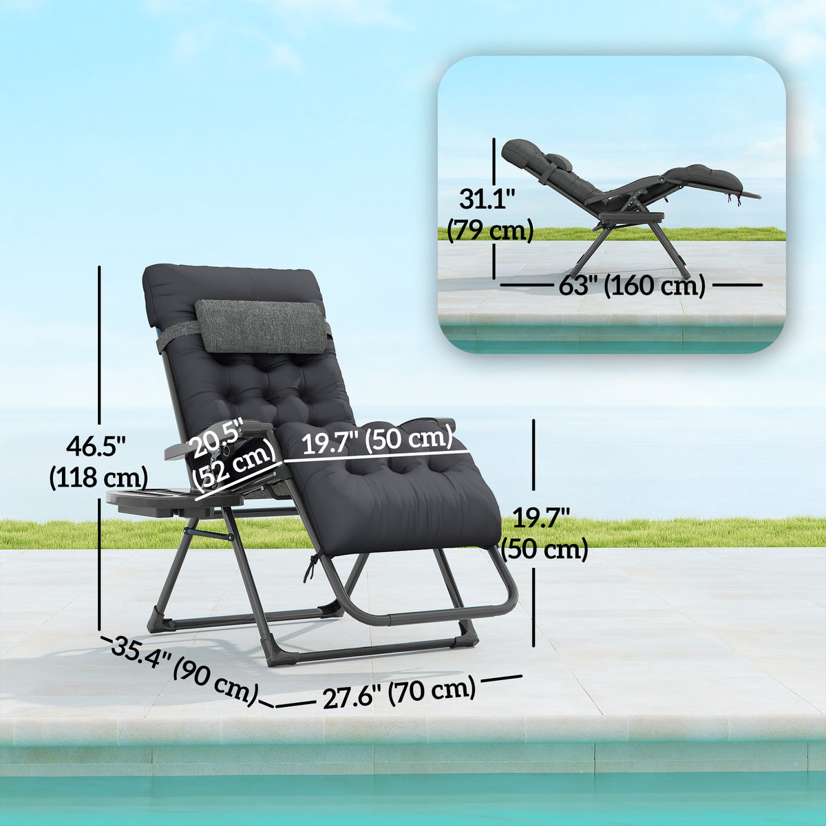 Padded Folding Recliner Chair, Patio Lounger with Cupholder, Adjustable Backrest, Removable Cushion, Black – view 2
