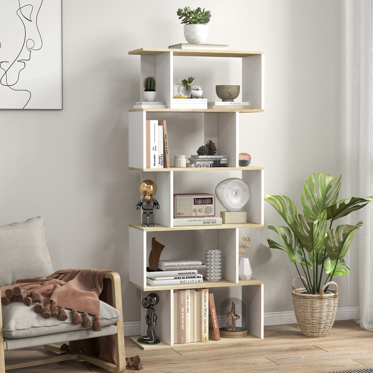 5-Tier Bookshelf, Geometric S Shaped Bookcase, Tall Narrow Display Shelf for for Living Room, Study Room – view 7