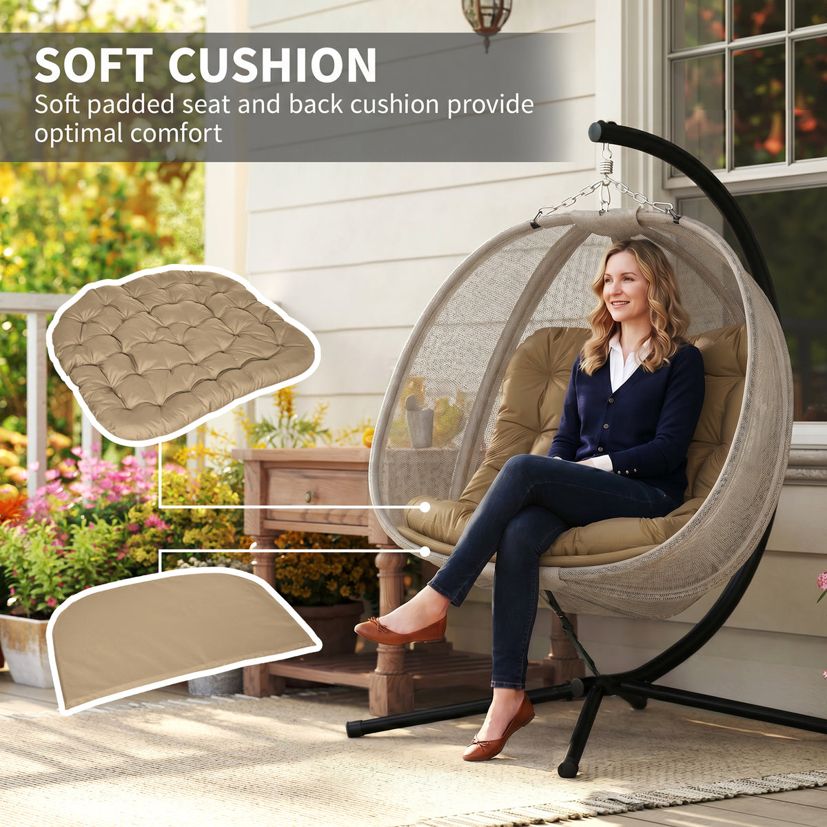 Double Egg Chair with Stand, 2 Person Hanging Swing Egg Chair with Cushion, Pockets, Khaki