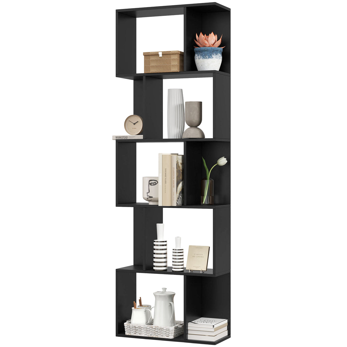 5-Tier Geometric Bookshelf, S Shaped Bookcase, Modern Freestanding Display Shelf Unit for Home Office, Black